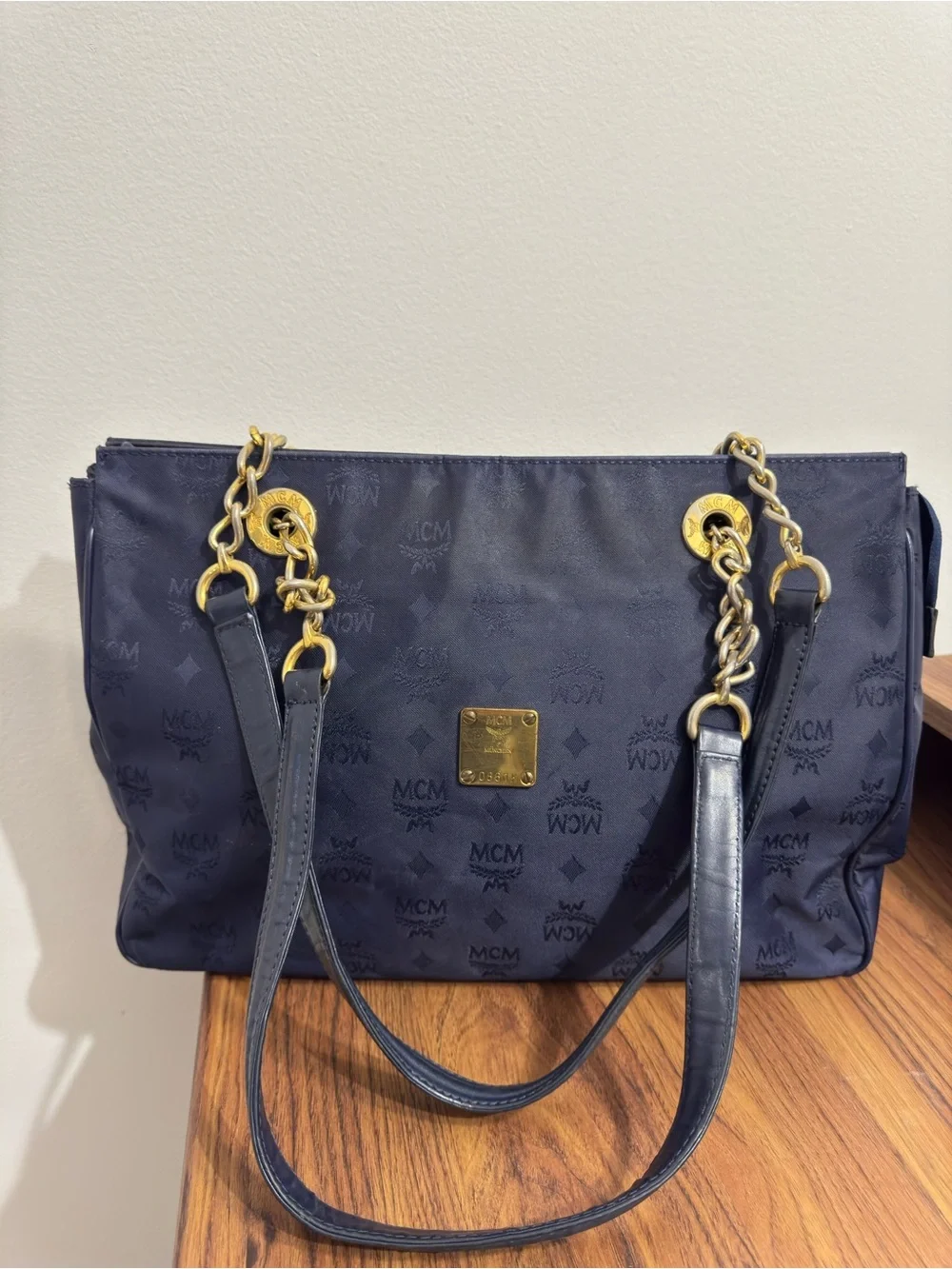 Authentic Vintage MCM Navy Blue Nylon Visetos Chain Tote Bag Description: